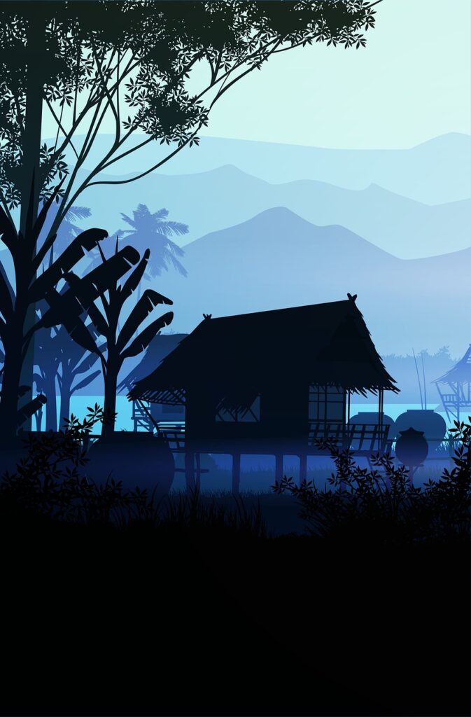 hut, mountains, silhouette