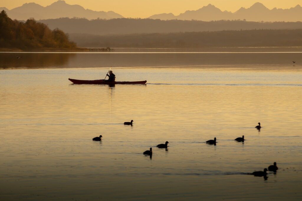 sunset, boat, lake